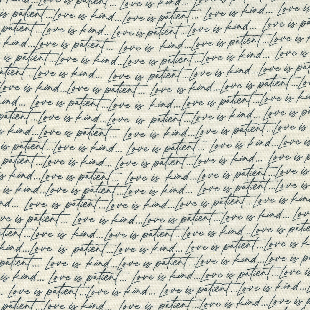 Black text on a cream fabric 'love is kind', 'love is patient' from the Flirt range