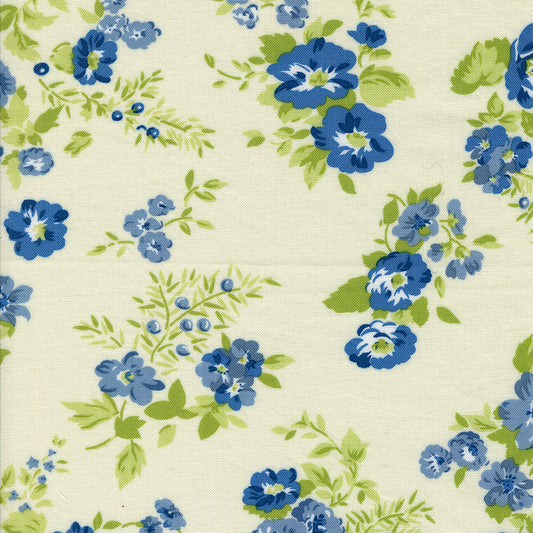 Hollyhocks & Roses from Moda large blue print on white 3050 12