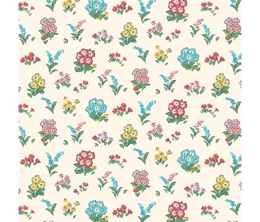 Soft pink, yellow and aqua blue flowers on a delicate pinky cream background
