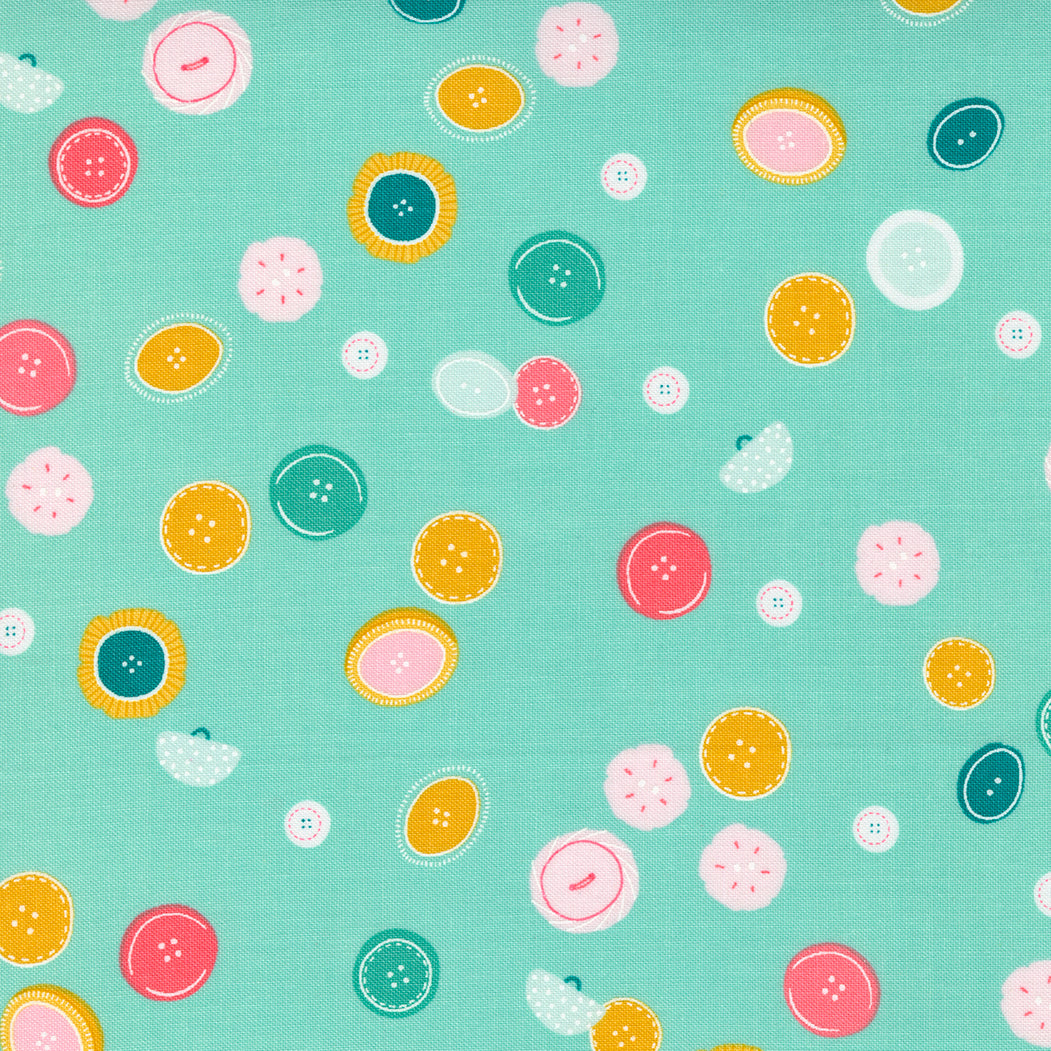 Sew Wonderful assorted buttons on aqua by Moda fabrics