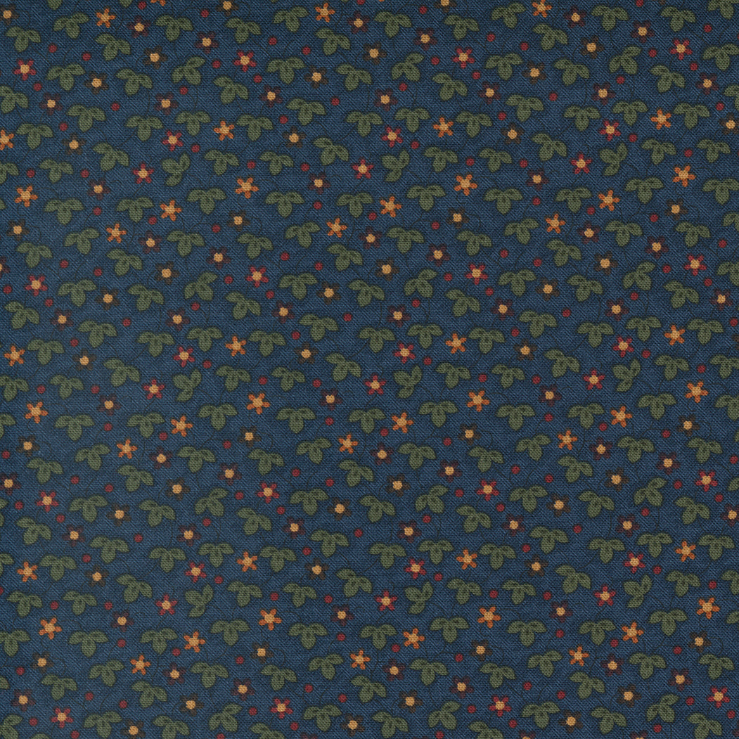 Leaf and flower print fabric on blue spruce from Maple Hill collection by Moda