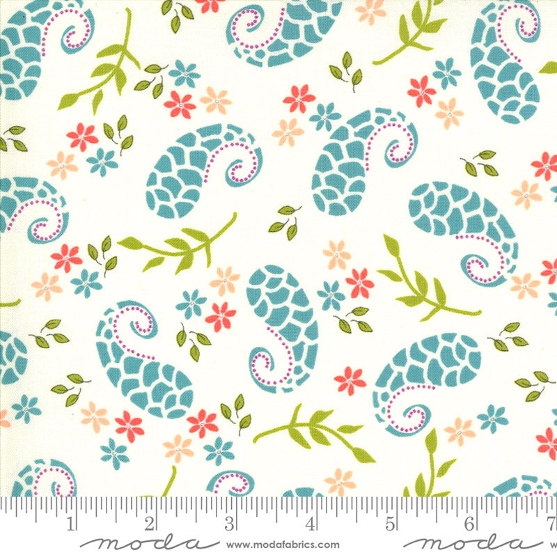 Moda fabric balboa paisley cheerful design in pinks and greens on an ivory background