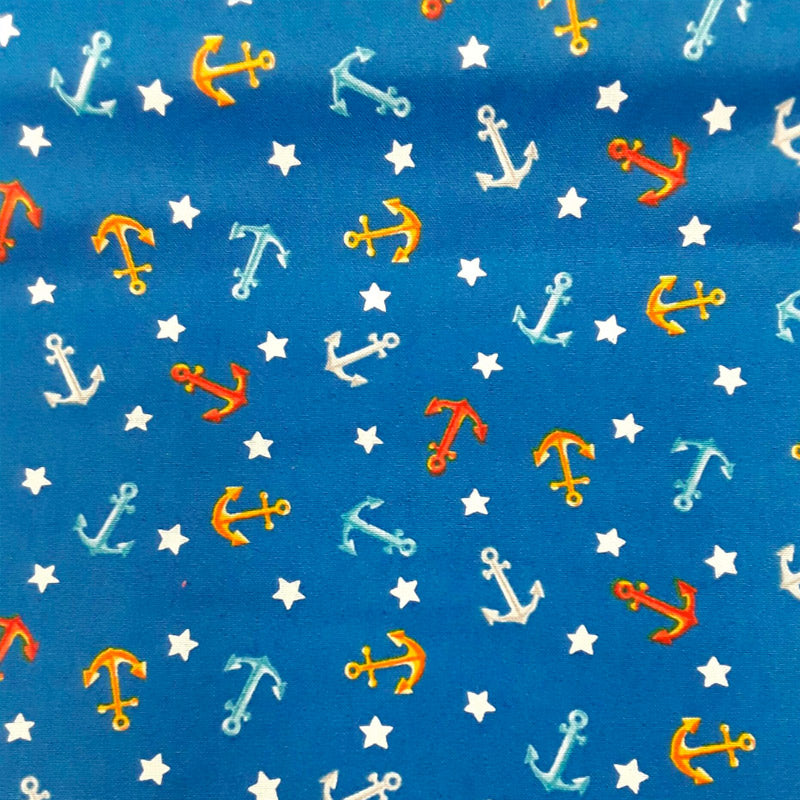 Makeower Beside the Sea Fabric with red, yellow and white anchors and white stars
