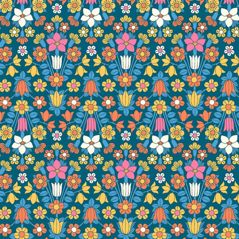 Blue, pink, orange and yellow floral print from Liberty.